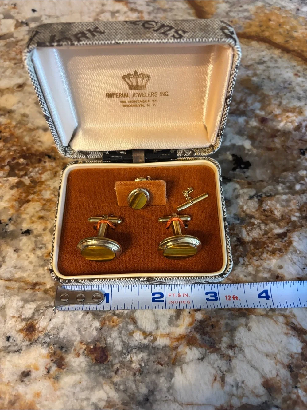 Vintage Imperial Jewelers Men's Tiger Eye Cufflinks and Tie Tack Set